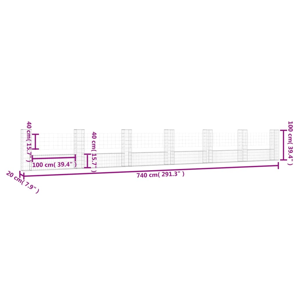 Schanskorf U-vormig met 6 palen 620x20x100 cm ijzer