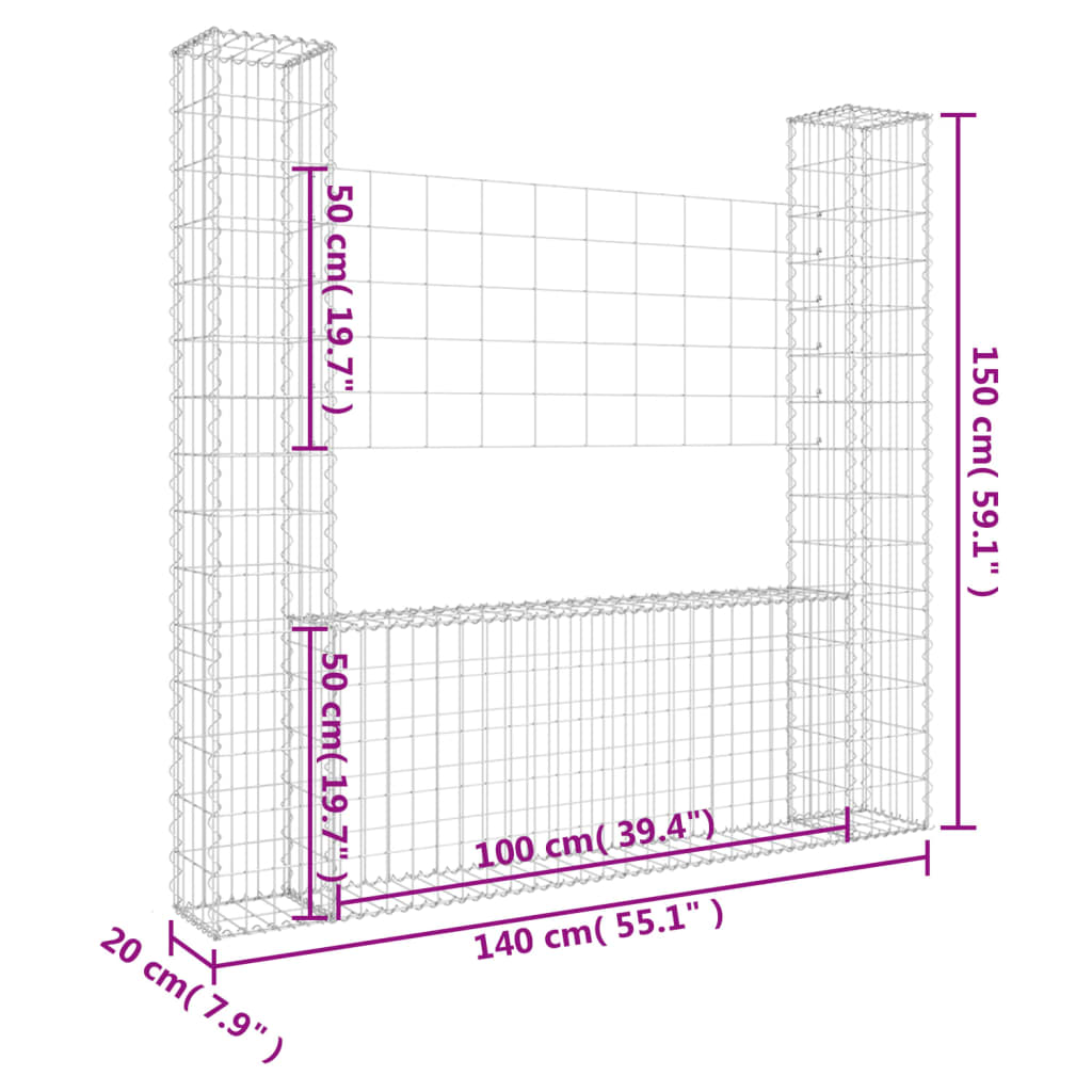 Gabion en U avec 2 poteaux 140x20x100 cm en fer