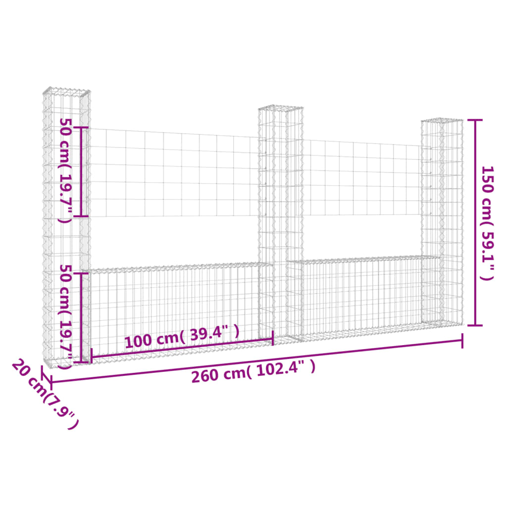 Gabion en U avec 2 poteaux 140x20x100 cm en fer