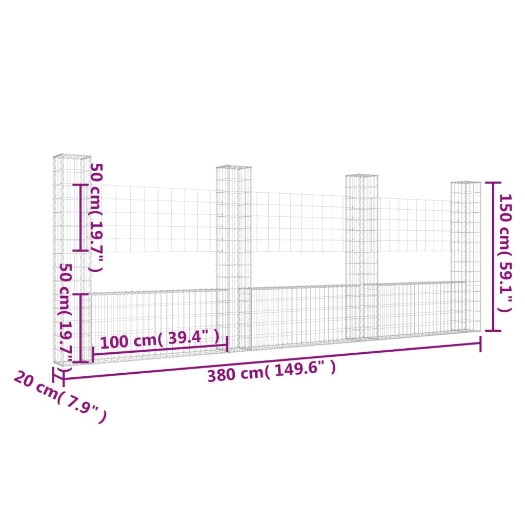 Schanskorf U-vormig met 6 palen 620x20x100 cm ijzer