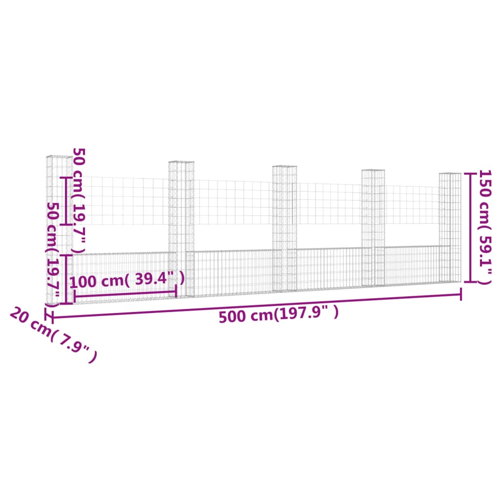 Schanskorf U-vormig met 6 palen 620x20x100 cm ijzer