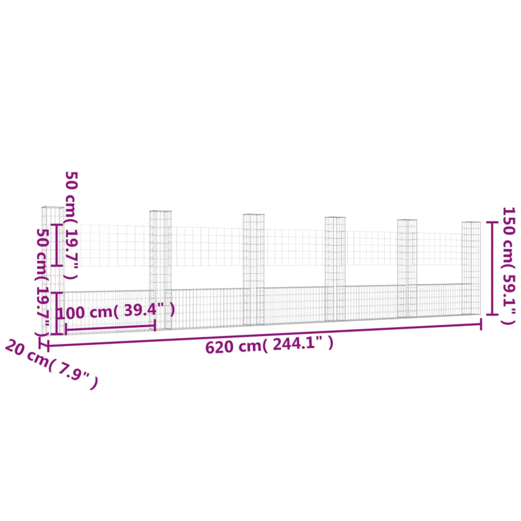 Schanskorf U-vormig met 6 palen 620x20x100 cm ijzer