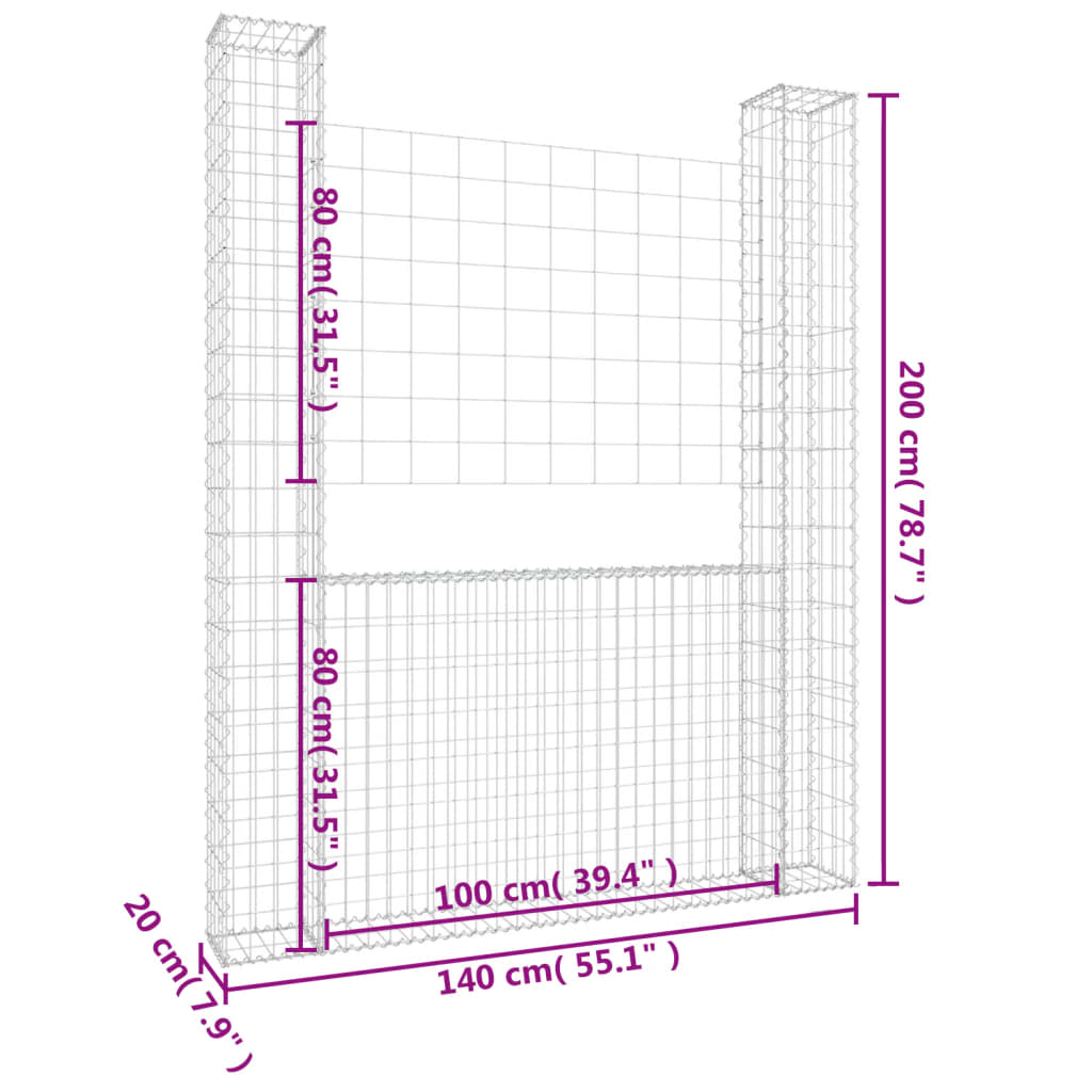 Gabion en U avec 2 poteaux 140x20x100 cm en fer