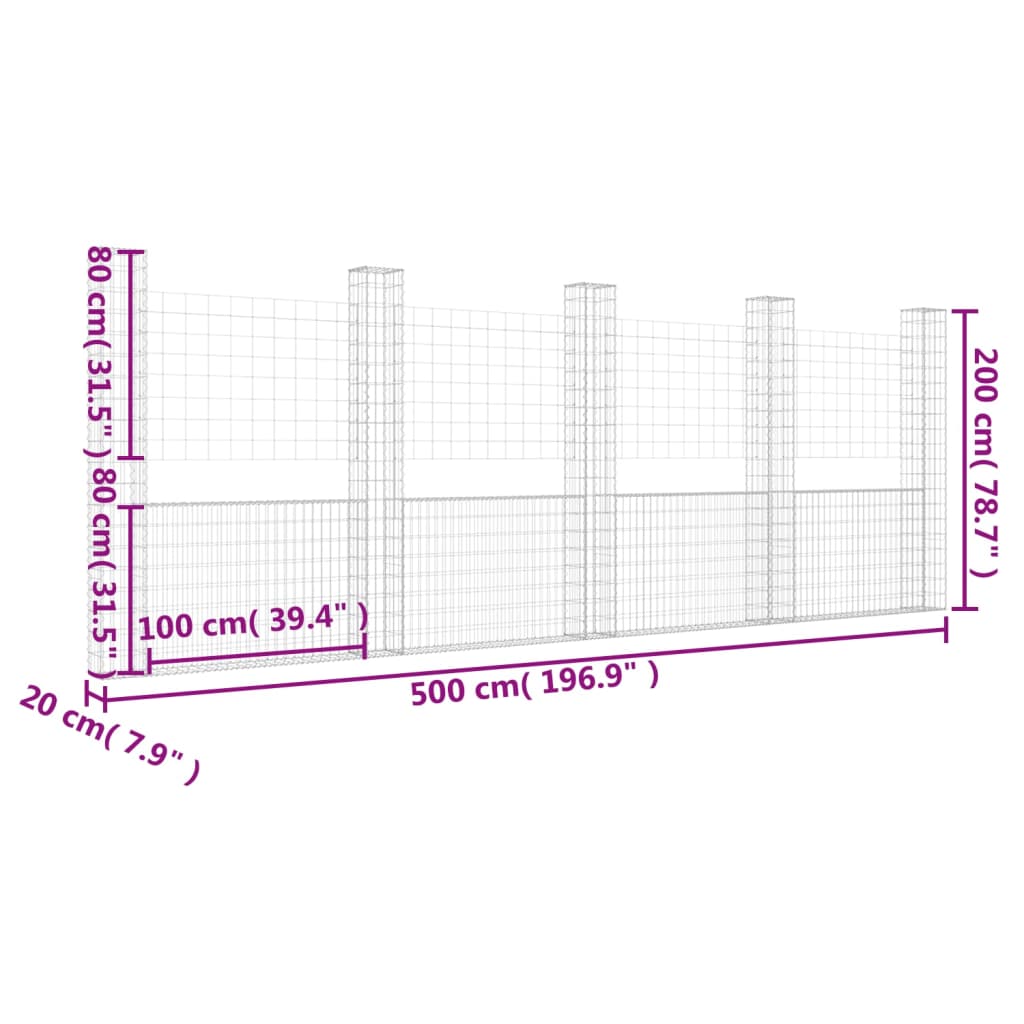 Schanskorf U-vormig met 6 palen 620x20x100 cm ijzer