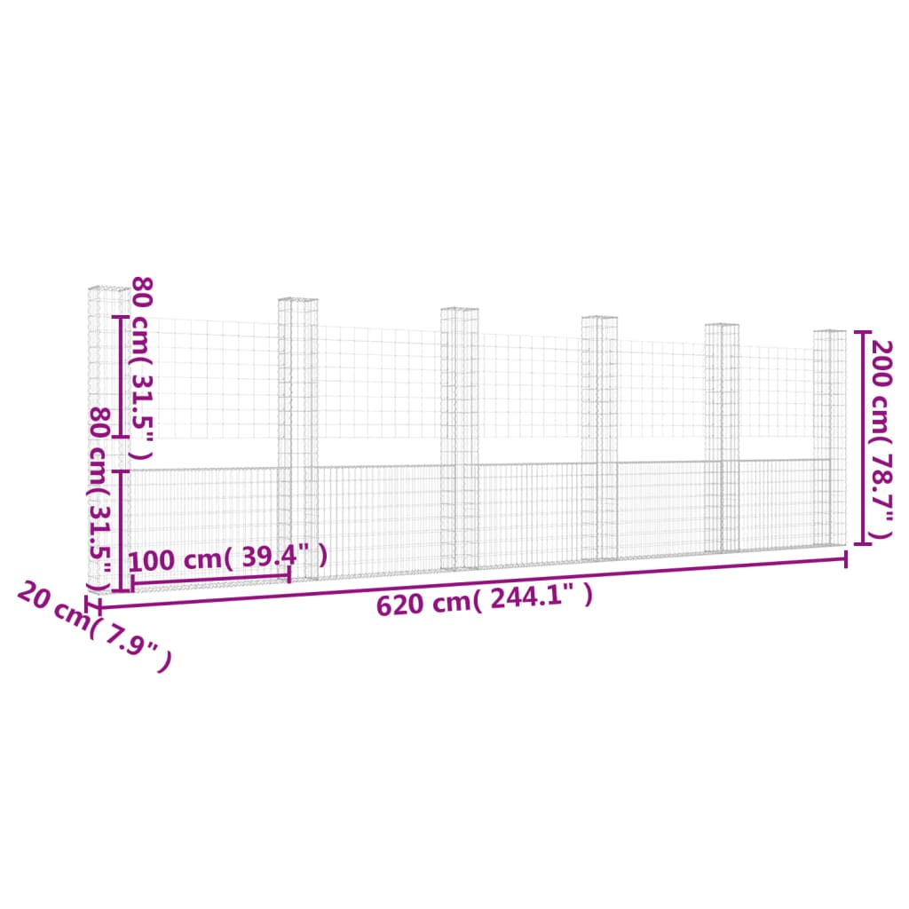 Schanskorf U-vormig met 6 palen 620x20x100 cm ijzer