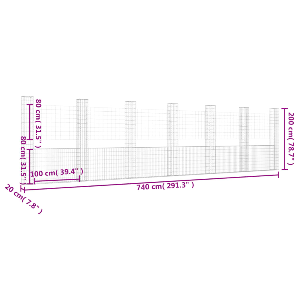 Schanskorf U-vormig met 6 palen 620x20x100 cm ijzer