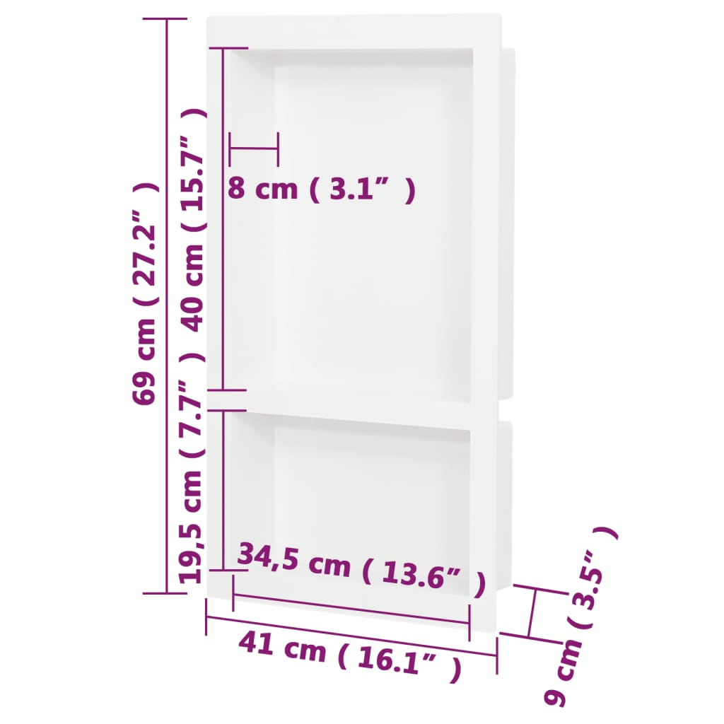 Niche de douche avec 2 compartiments 41x69x9 cm blanc brillant