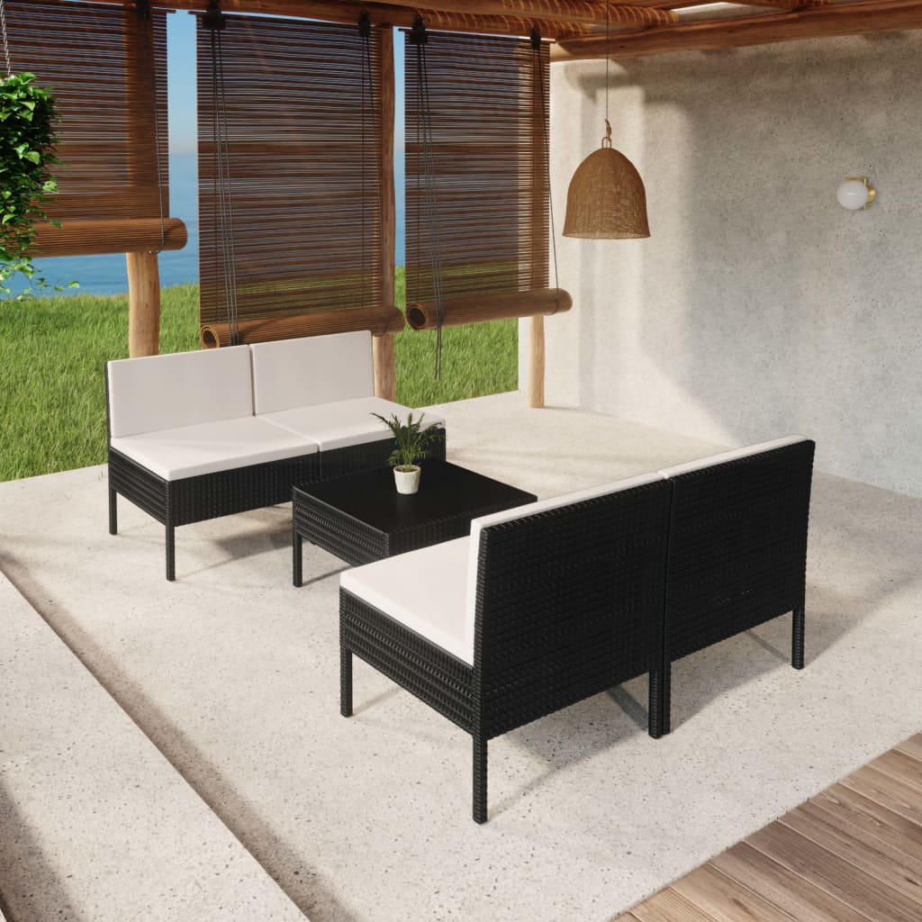 7-delige Loungeset met kussens poly rattan zwart