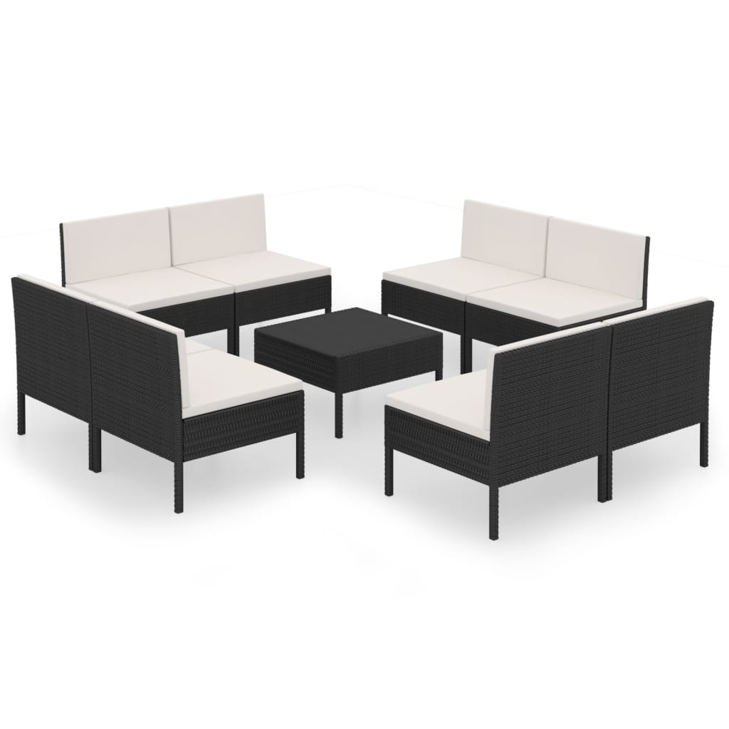 7-delige Loungeset met kussens poly rattan zwart