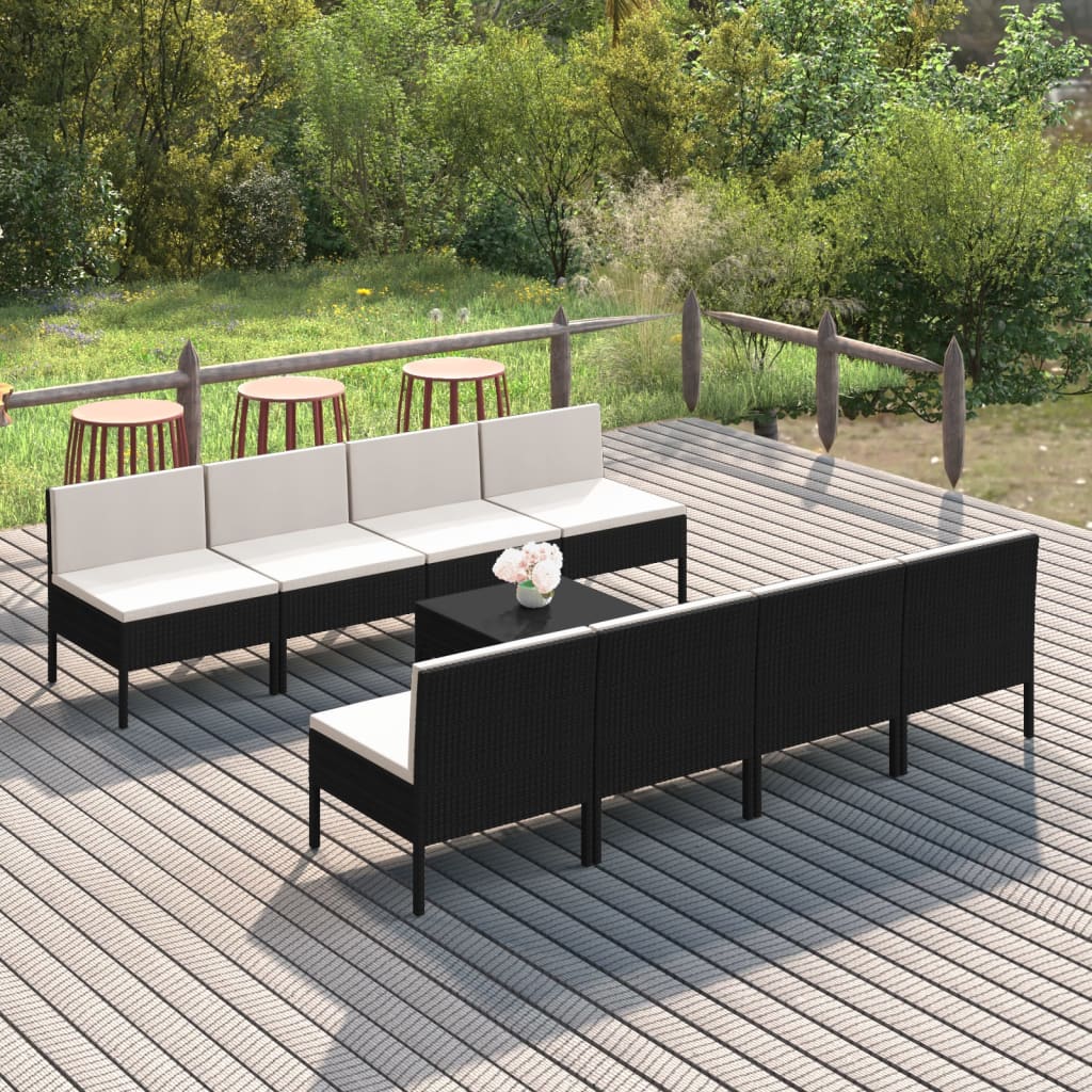 7-delige Loungeset met kussens poly rattan zwart