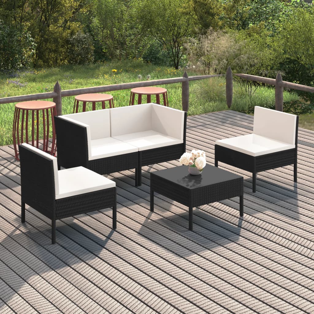 7-delige Loungeset met kussens poly rattan zwart