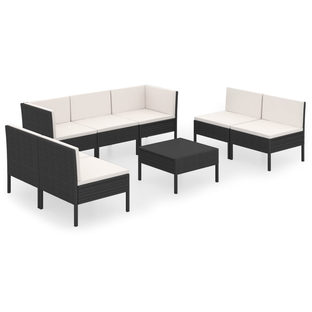 7-delige Loungeset met kussens poly rattan zwart