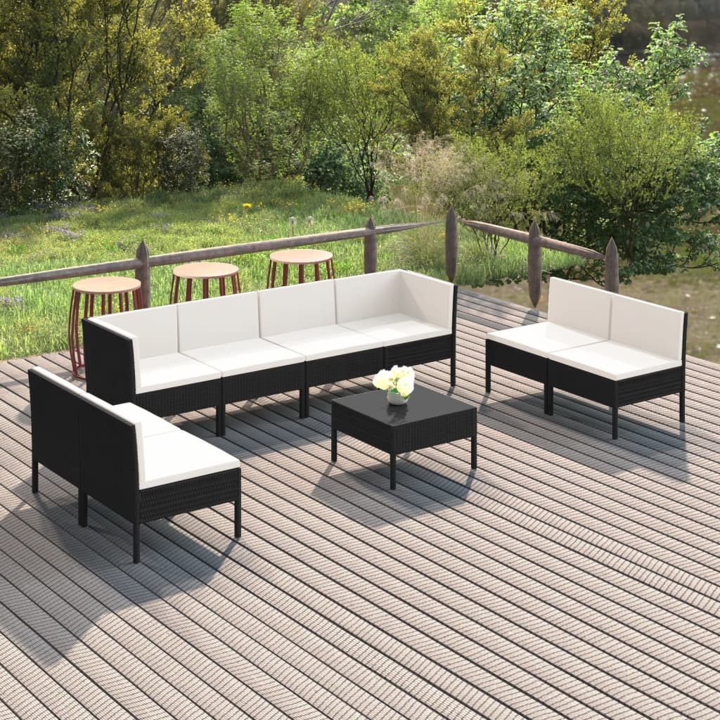 5-delige Loungeset met kussens poly rattan zwart