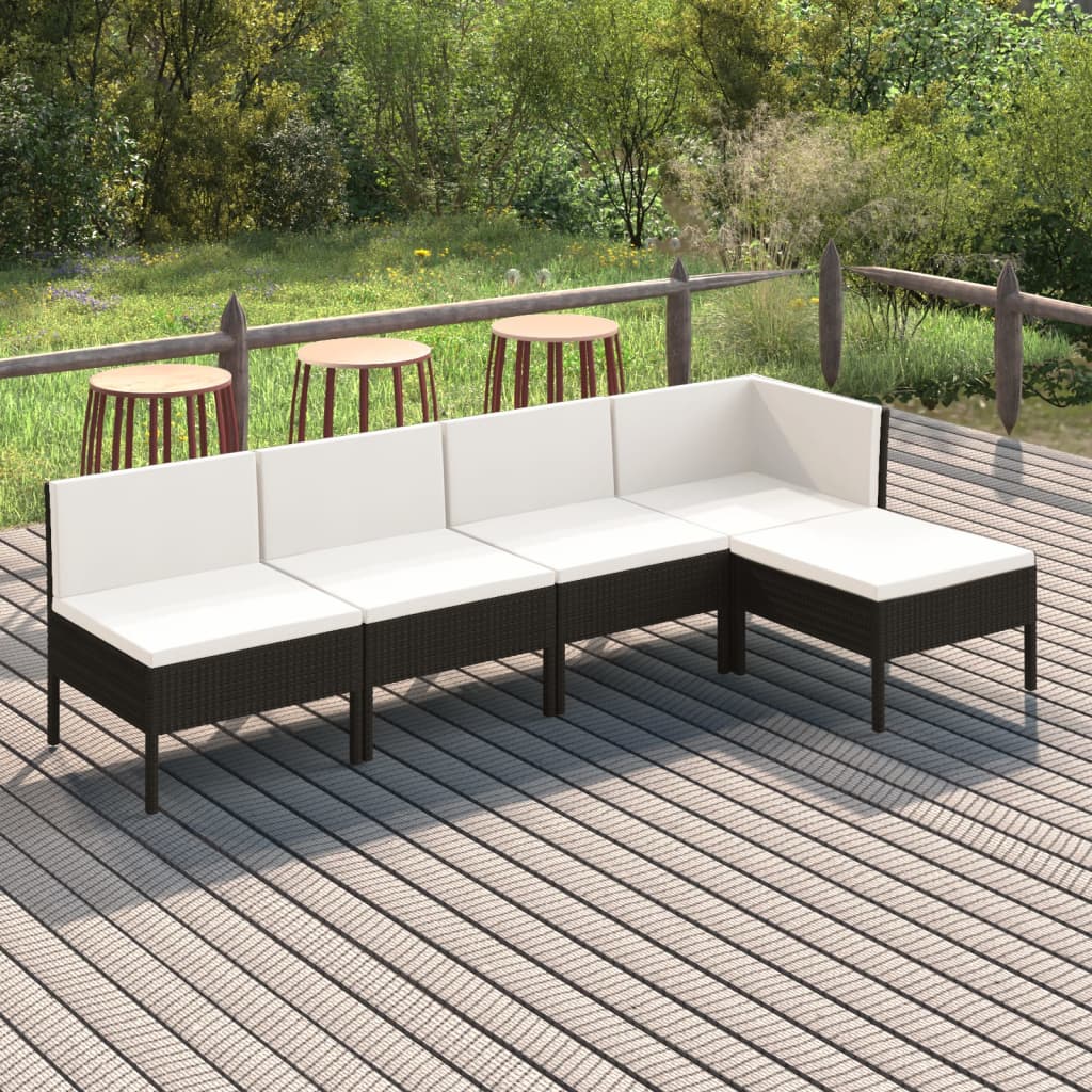 5-delige Loungeset met kussens poly rattan zwart