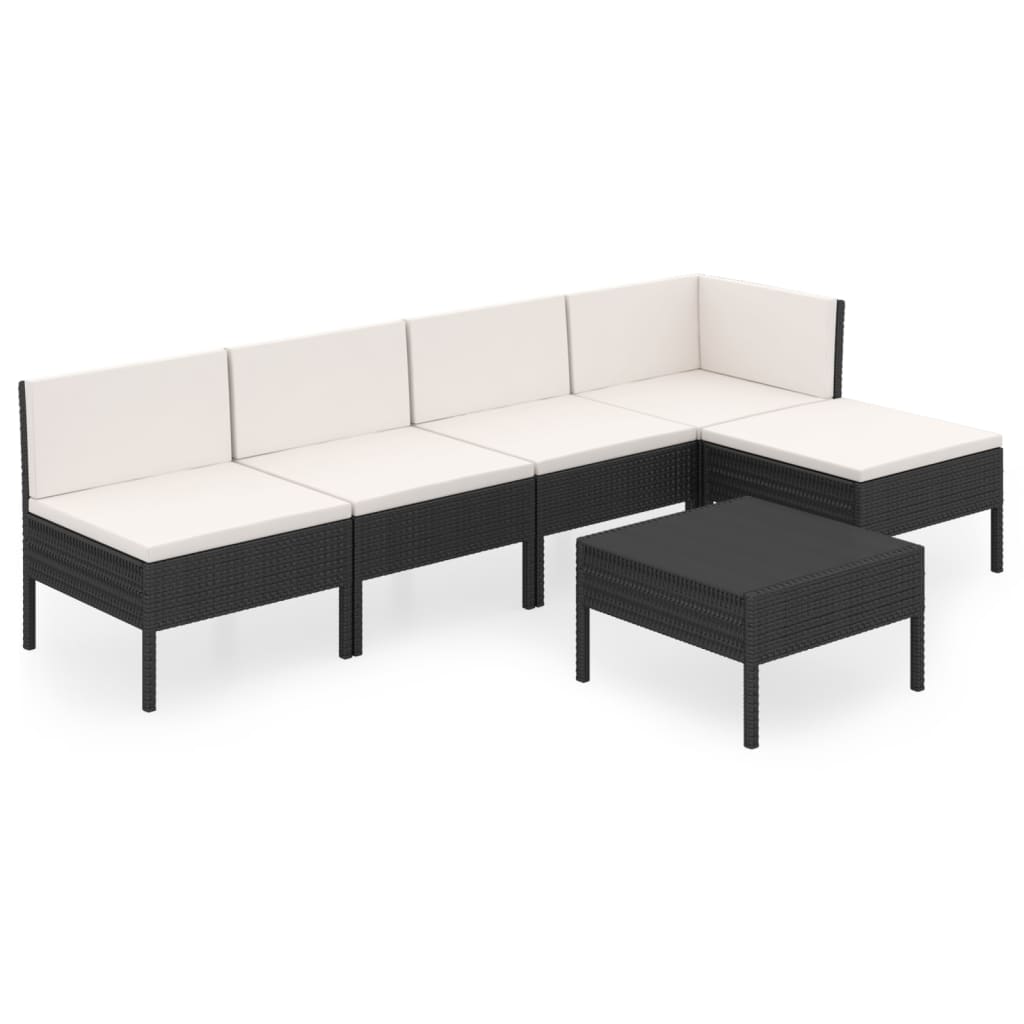 5-delige Loungeset met kussens poly rattan zwart