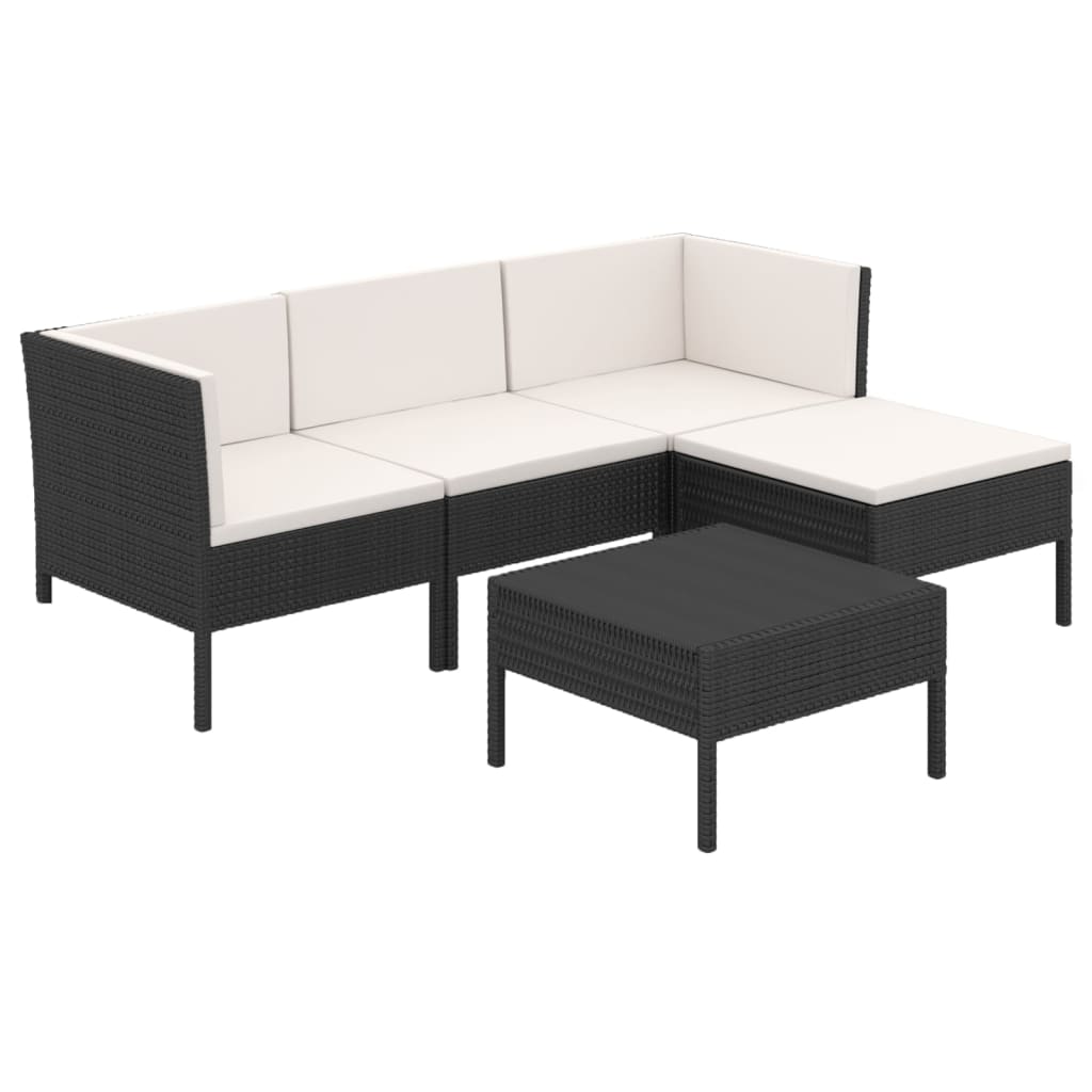 5-delige Loungeset met kussens poly rattan zwart