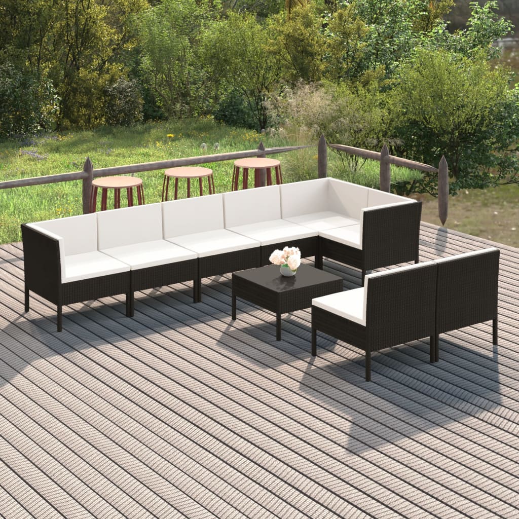 7-delige Loungeset met kussens poly rattan zwart