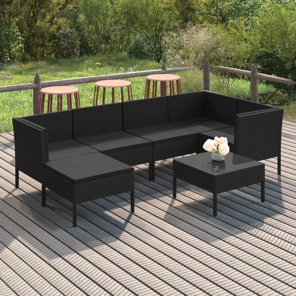 10-delige Loungeset met kussens poly rattan zwart