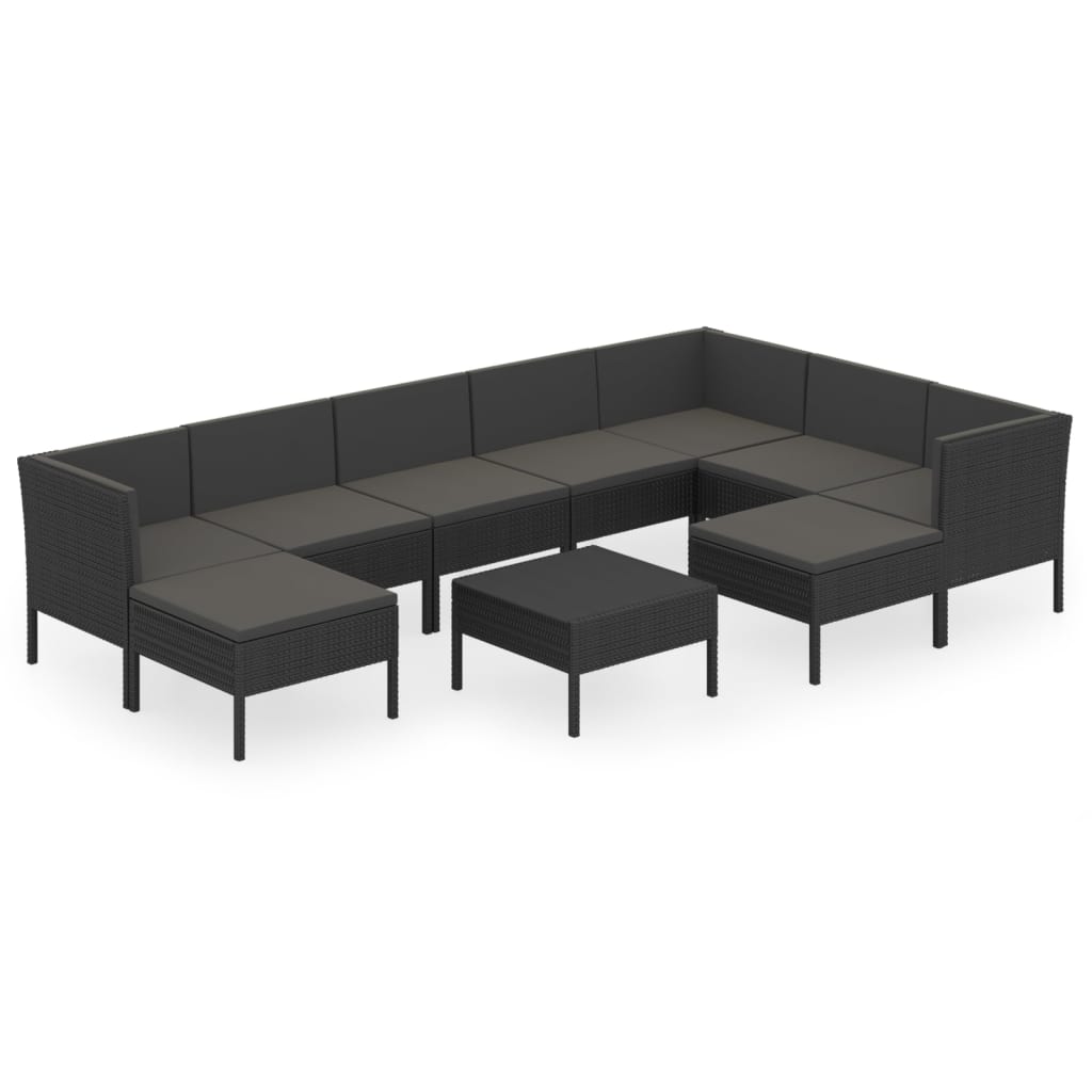 10-delige Loungeset met kussens poly rattan zwart