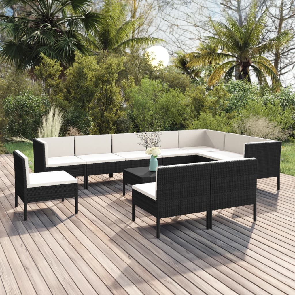 13-delige Loungeset met kussens poly rattan zwart