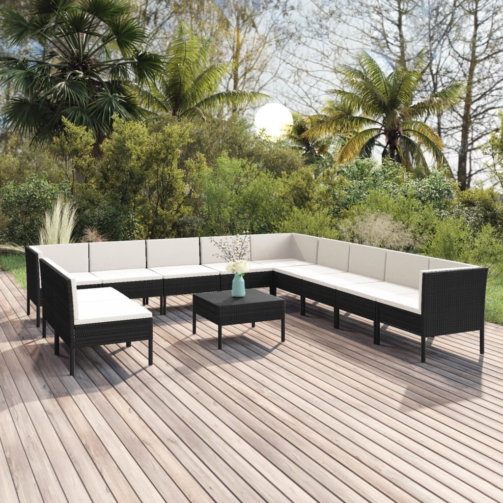 7-delige Loungeset met kussens poly rattan zwart