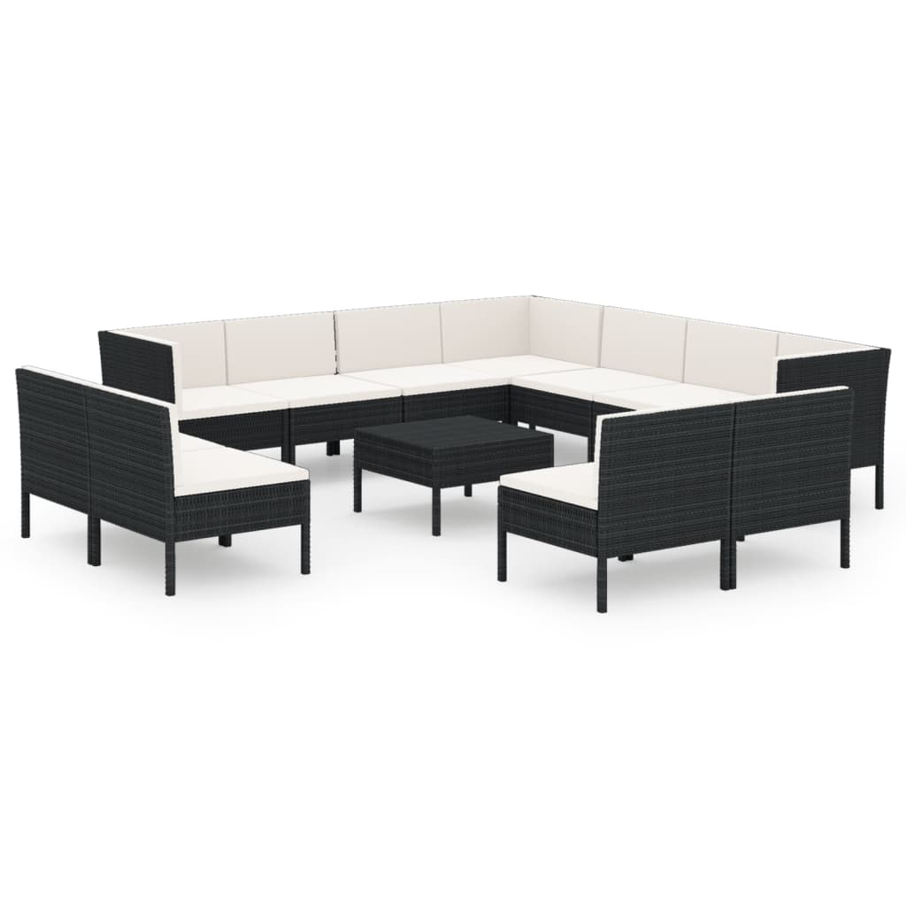 7-delige Loungeset met kussens poly rattan zwart