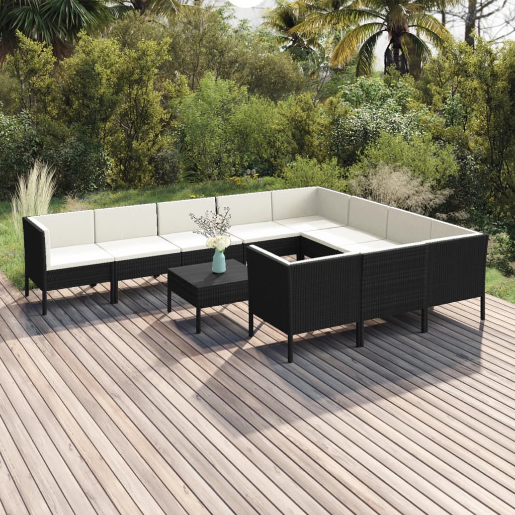 13-delige Loungeset met kussens poly rattan zwart