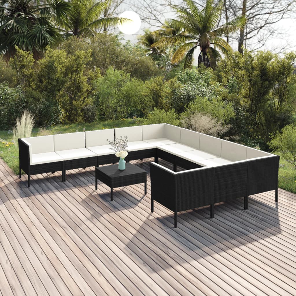 13-delige Loungeset met kussens poly rattan zwart