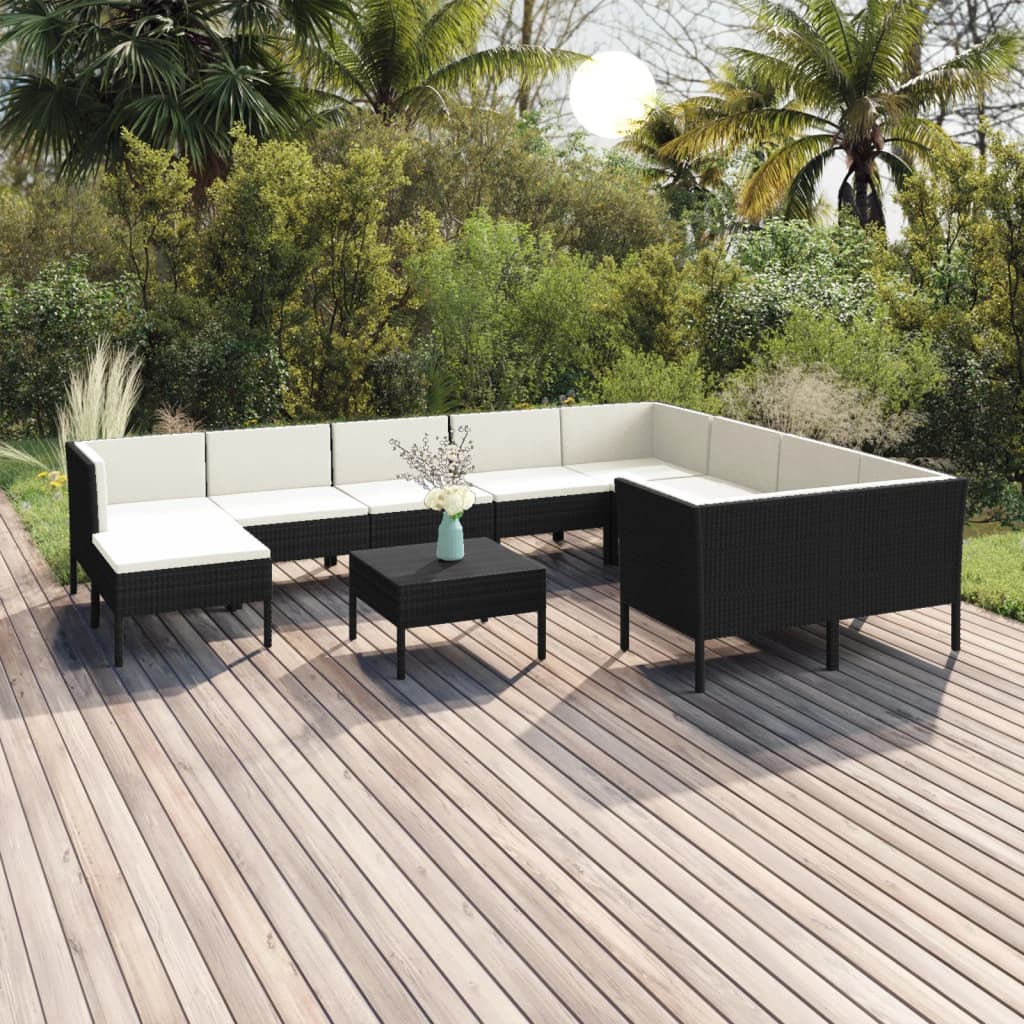 13-delige Loungeset met kussens poly rattan zwart