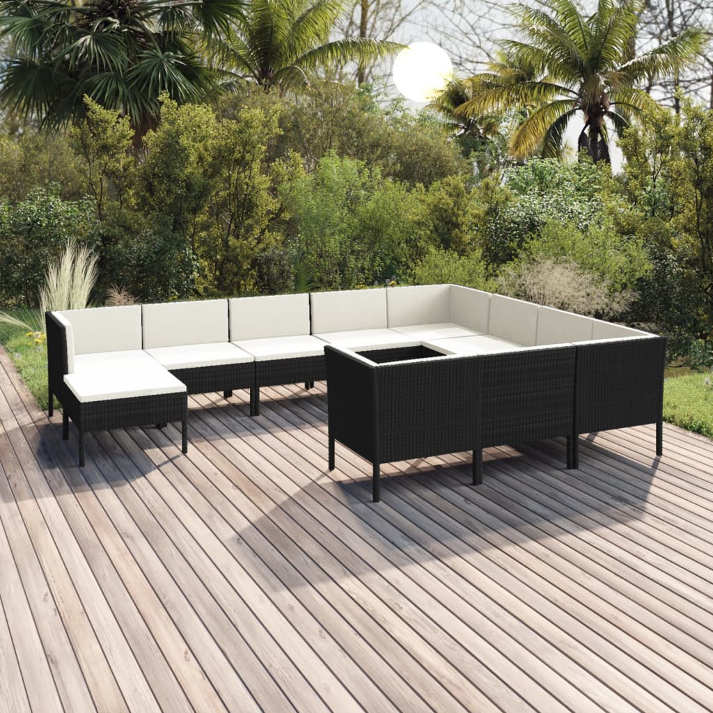 13-delige Loungeset met kussens poly rattan zwart