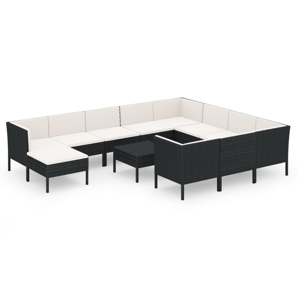 7-delige Loungeset met kussens poly rattan zwart