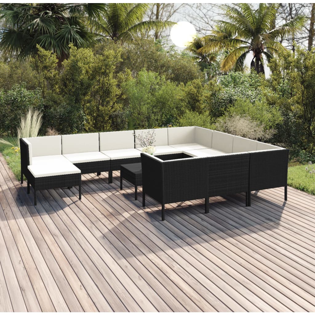 13-delige Loungeset met kussens poly rattan zwart