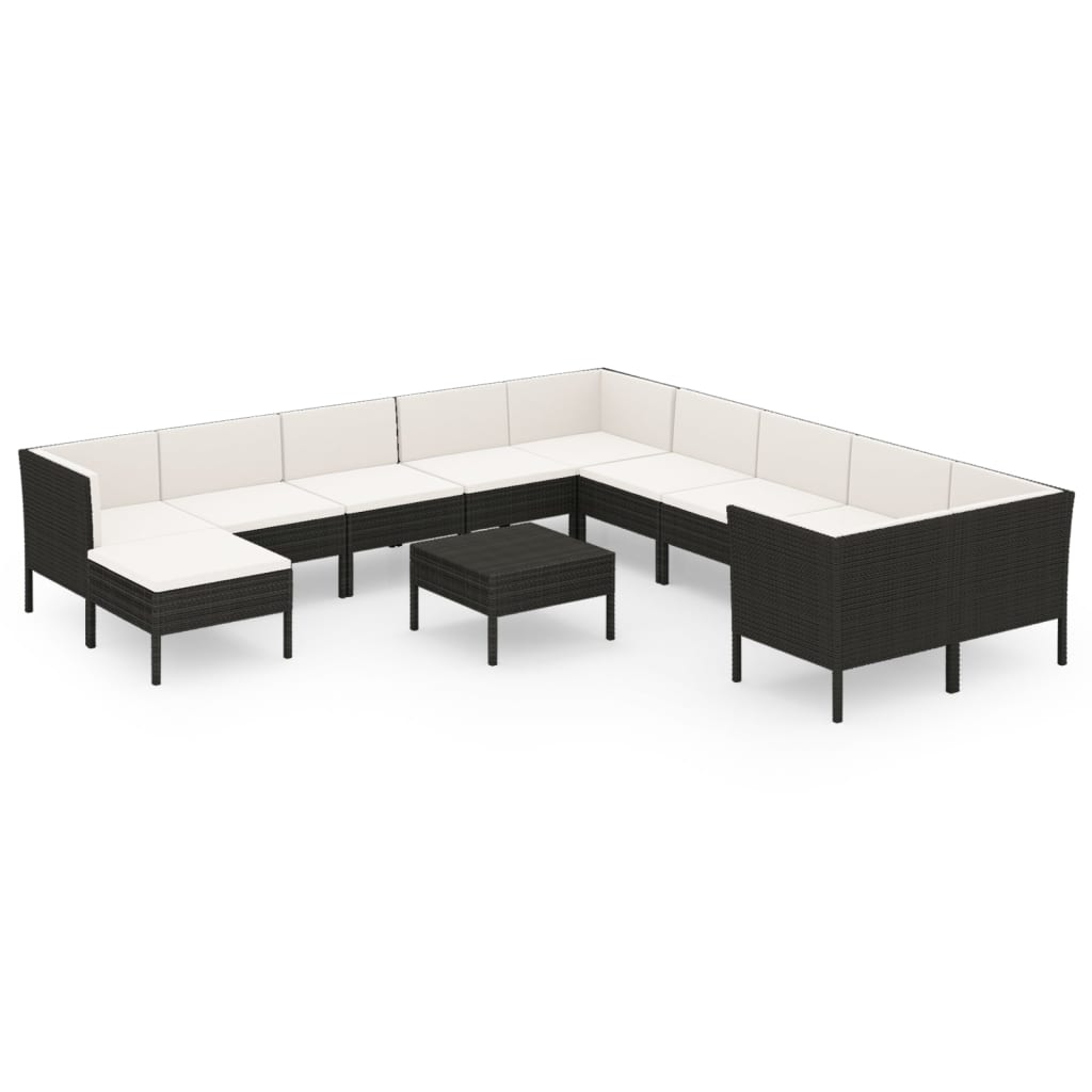 7-delige Loungeset met kussens poly rattan zwart