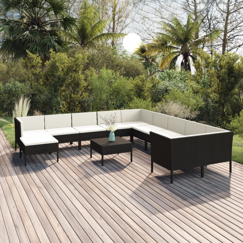 13-delige Loungeset met kussens poly rattan zwart