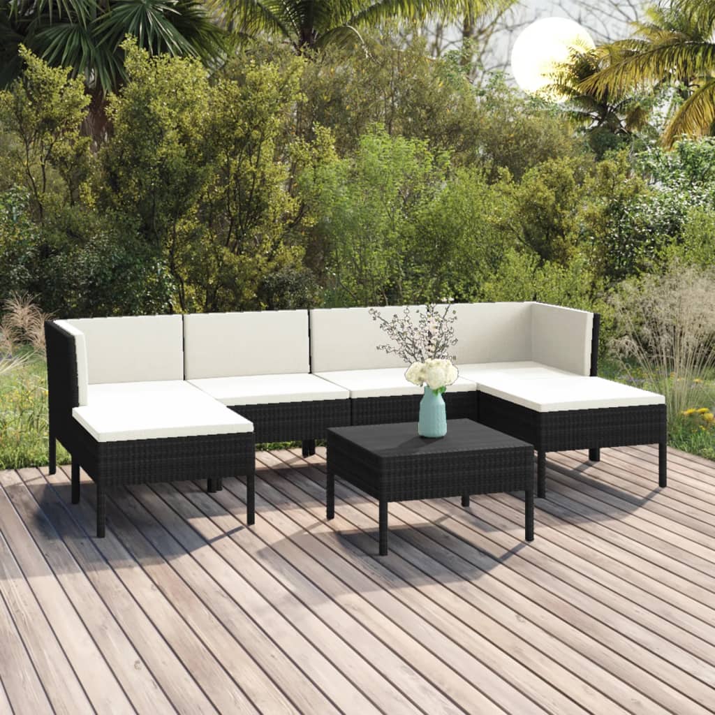 7-delige Loungeset met kussens poly rattan zwart