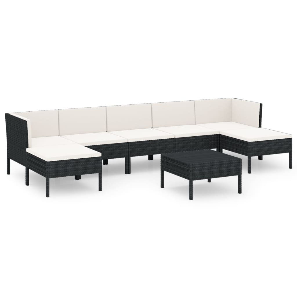 7-delige Loungeset met kussens poly rattan zwart