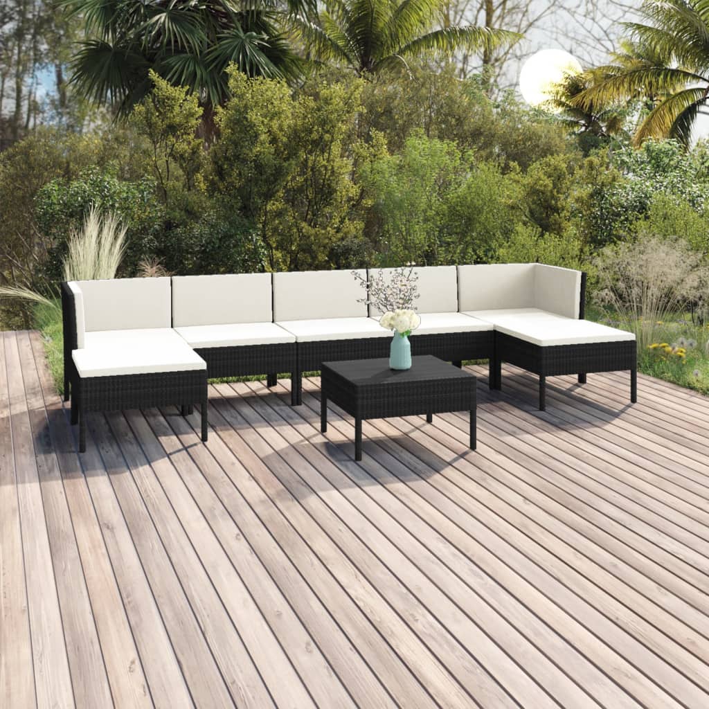 7-delige Loungeset met kussens poly rattan zwart