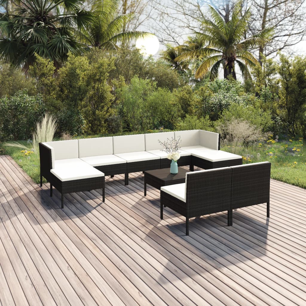 5-delige Loungeset met kussens poly rattan zwart