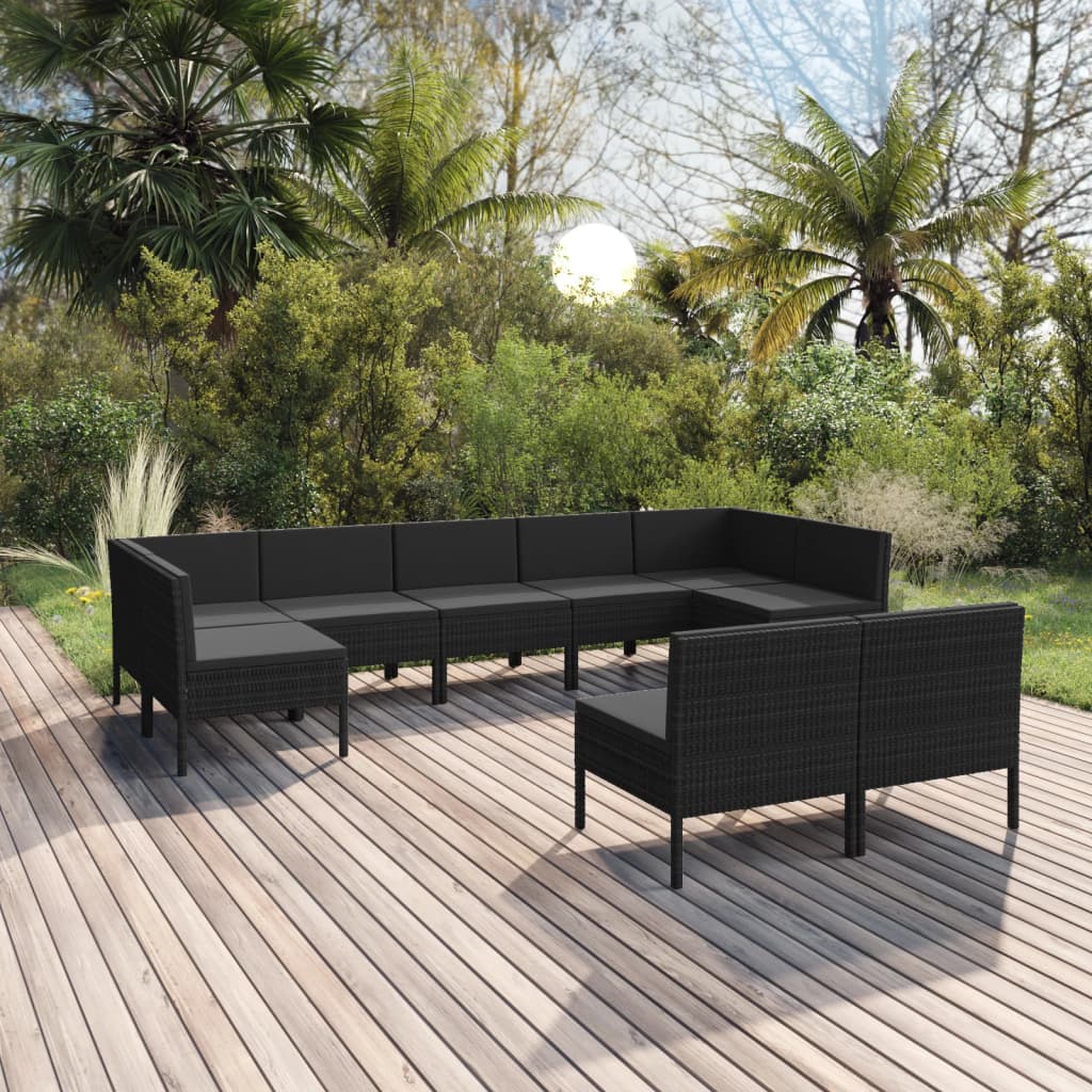 10-delige Loungeset met kussens poly rattan zwart