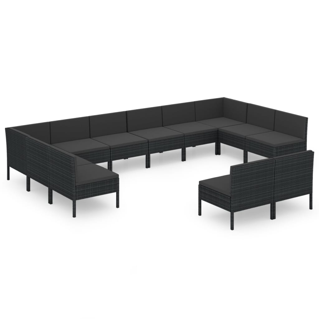 10-delige Loungeset met kussens poly rattan zwart