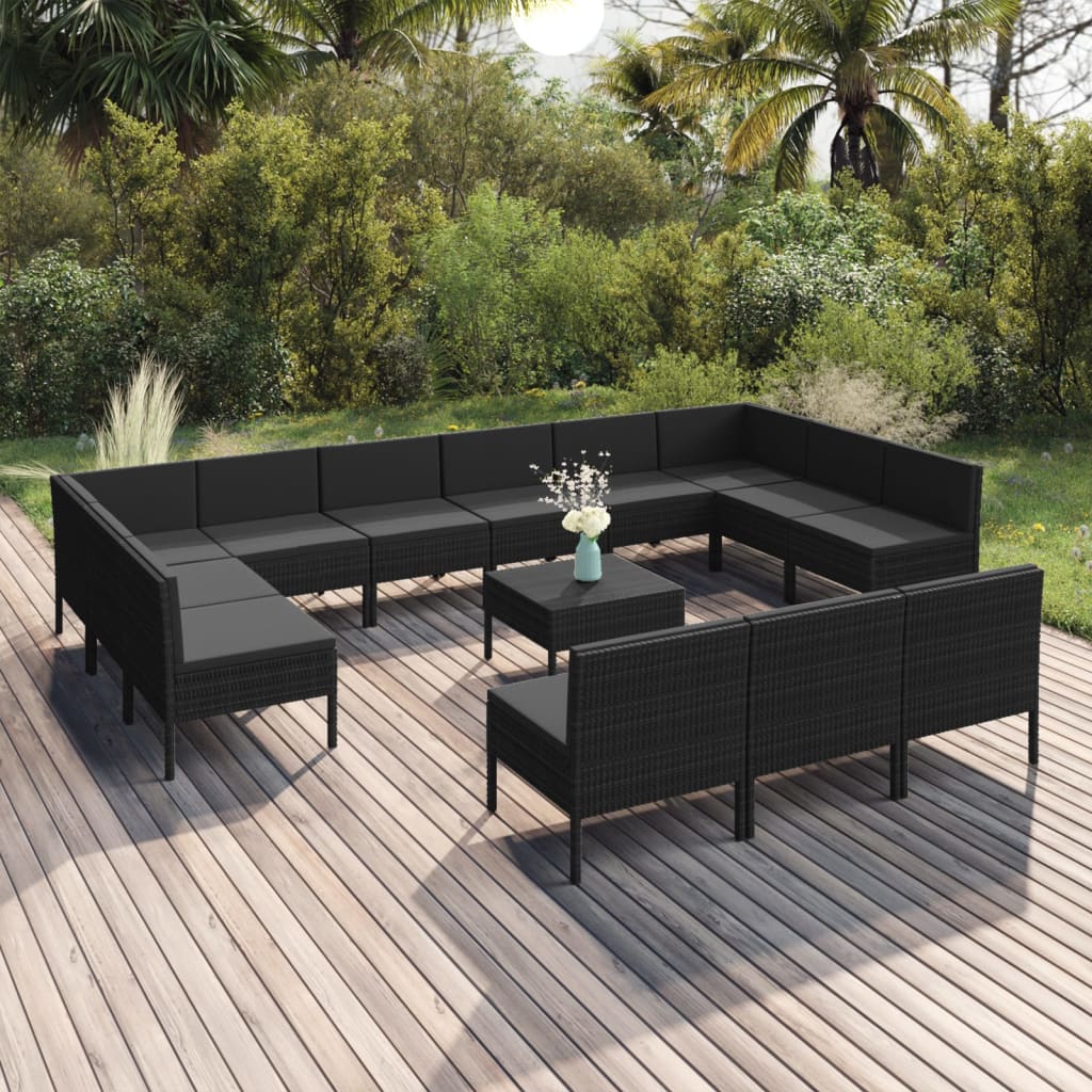 10-delige Loungeset met kussens poly rattan zwart