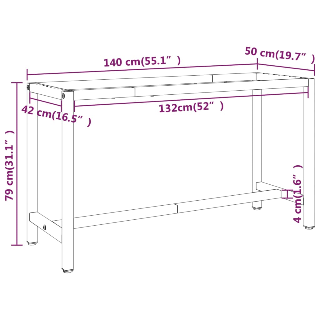 Werkbankframe 70x50x79 cm metaal matzwart en matrood