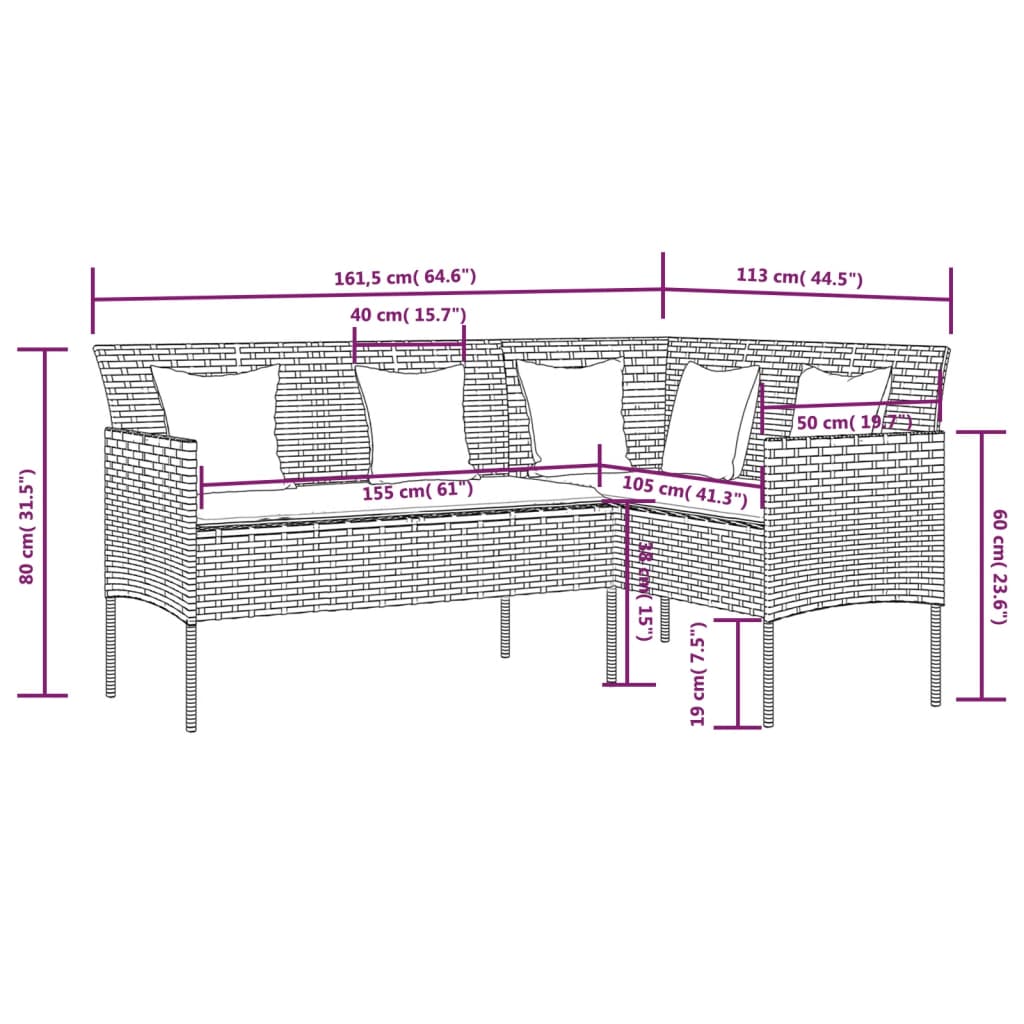 Loungebank met kussens L-vormig poly rattan