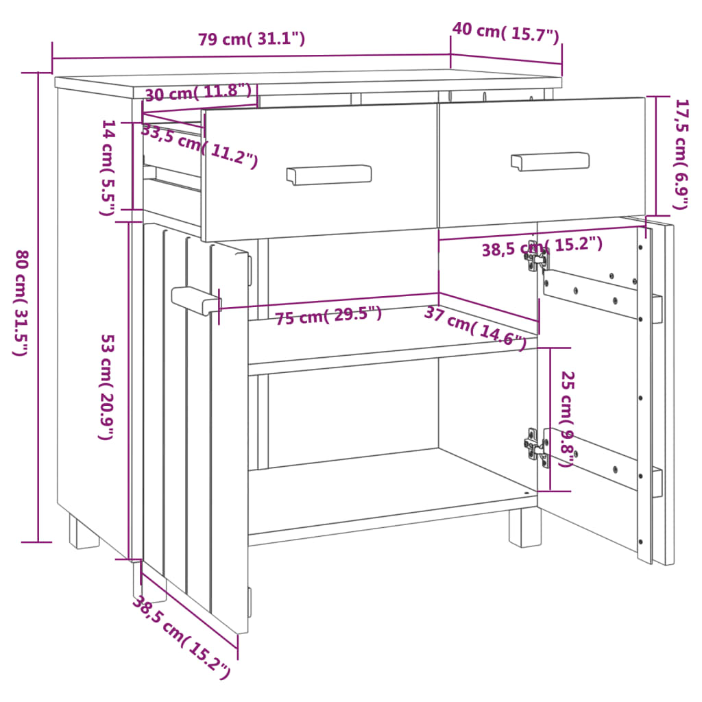 Buffet HAMAR 79x40x80 cm en bois de pin massif