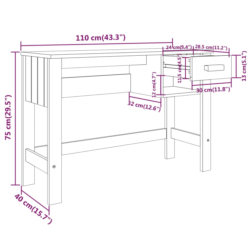 Bureau HAMAR 110x40x75 cm massief grenenhout