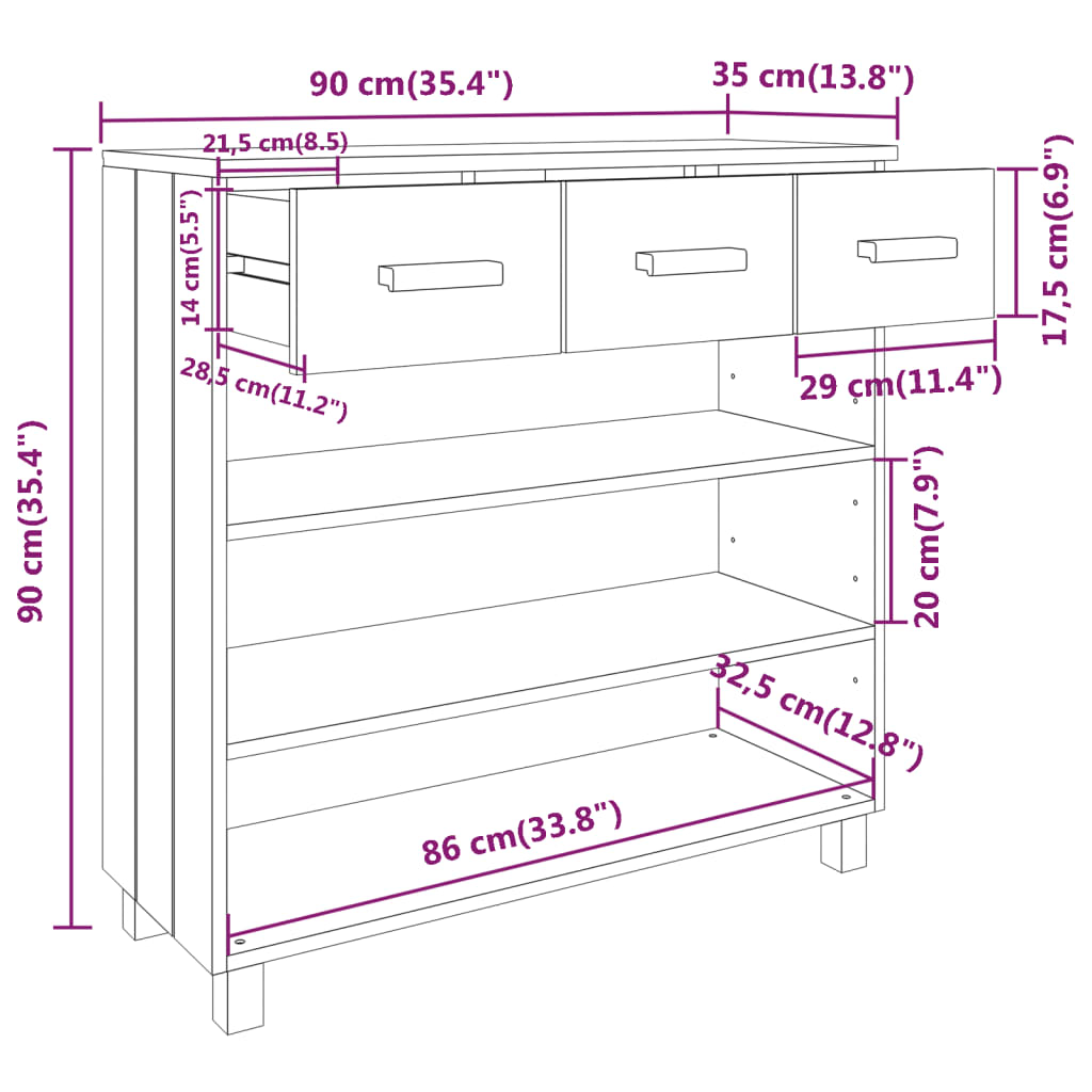 Wandtafel HAMAR 90x35x90 cm massief grenenhout