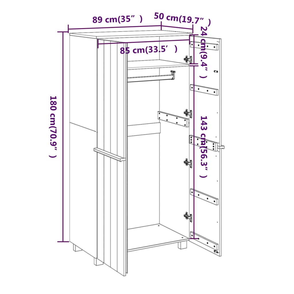 Armoire HAMAR 89x50x180 cm en bois de pin massif