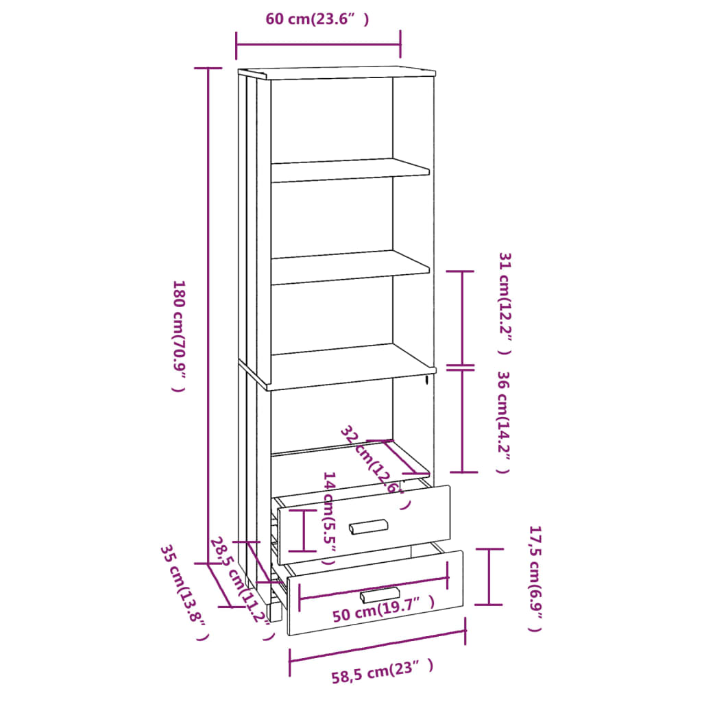 Armoire haute HAMAR 60x35x180 cm en pin massif