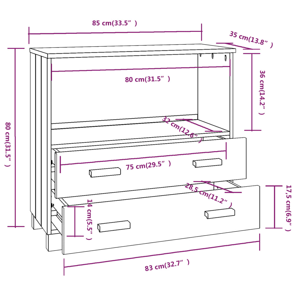 Dressoir HAMAR 85x35x80 cm massief grenenhout