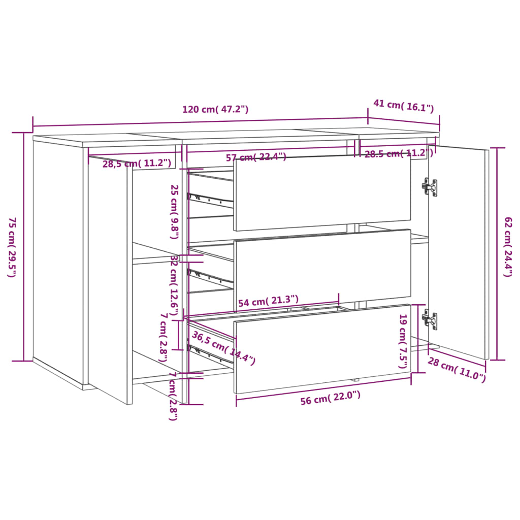 Dressoir met 3 lades 120x41x75 cm bewerkt hout